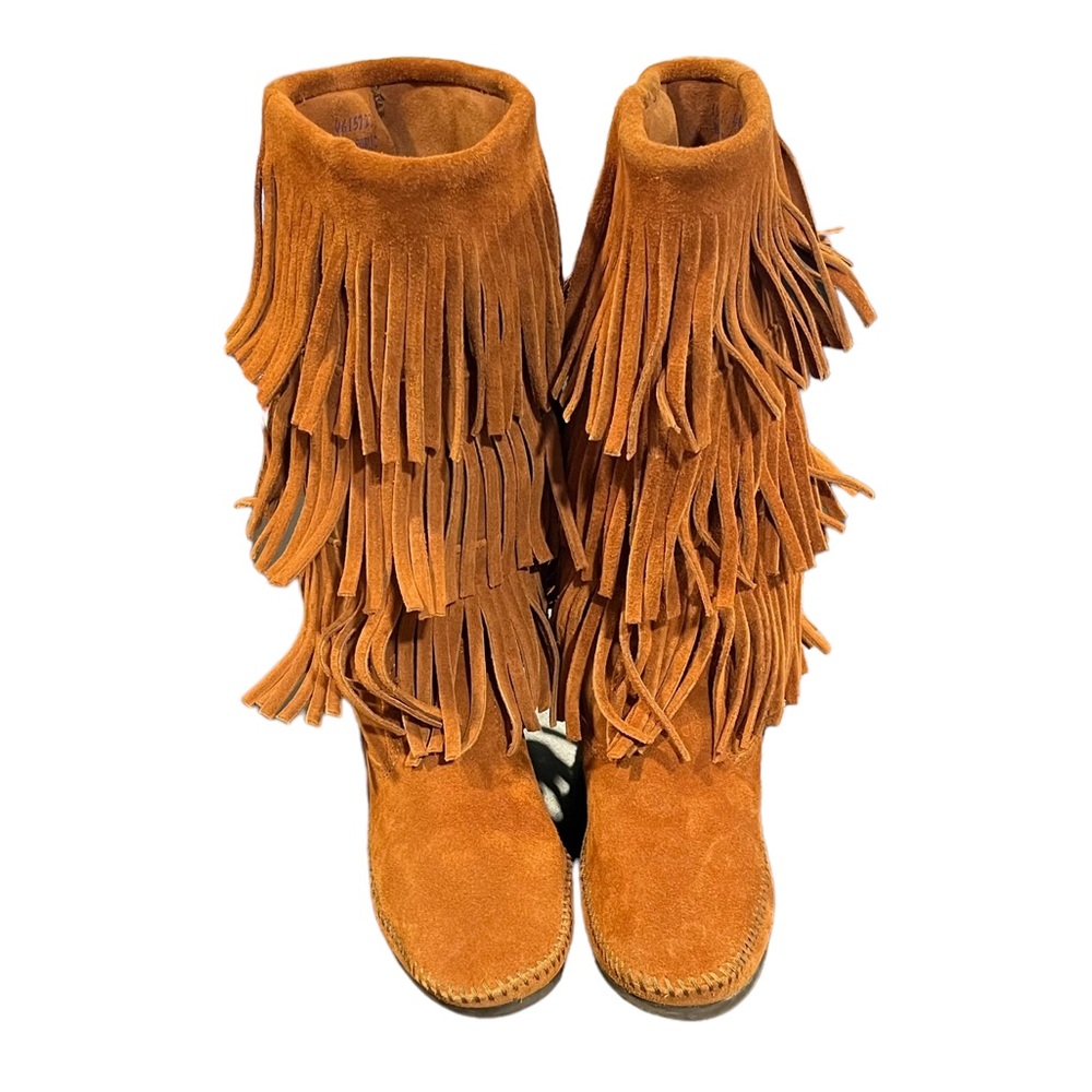 Minnetonka 3 Layer Fringe Boot Boho Moccasin in Brown Women’s size 9